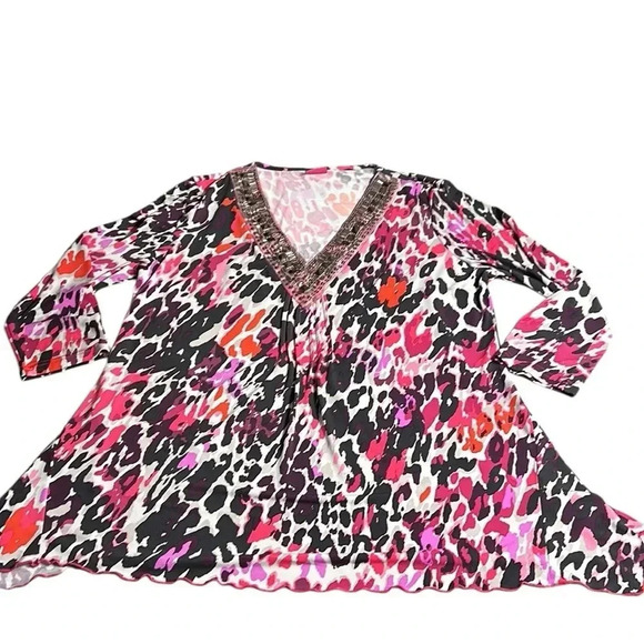 Y2K TOGETHER boho oversized beaded top Aztec,abstract,multicolored,V neck - Picture 10 of 16